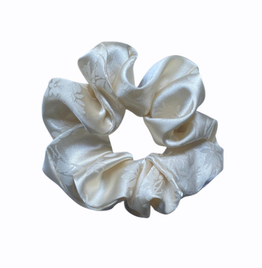 White Floral Satin Scrunchy